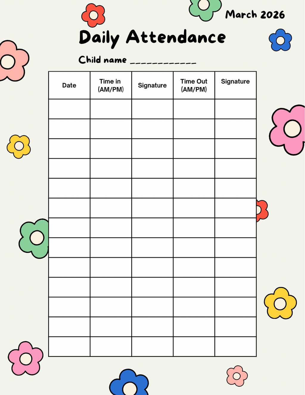 12-Month Daily Attendance Sheet - Printable Sign In/Out Tracker for Daycare