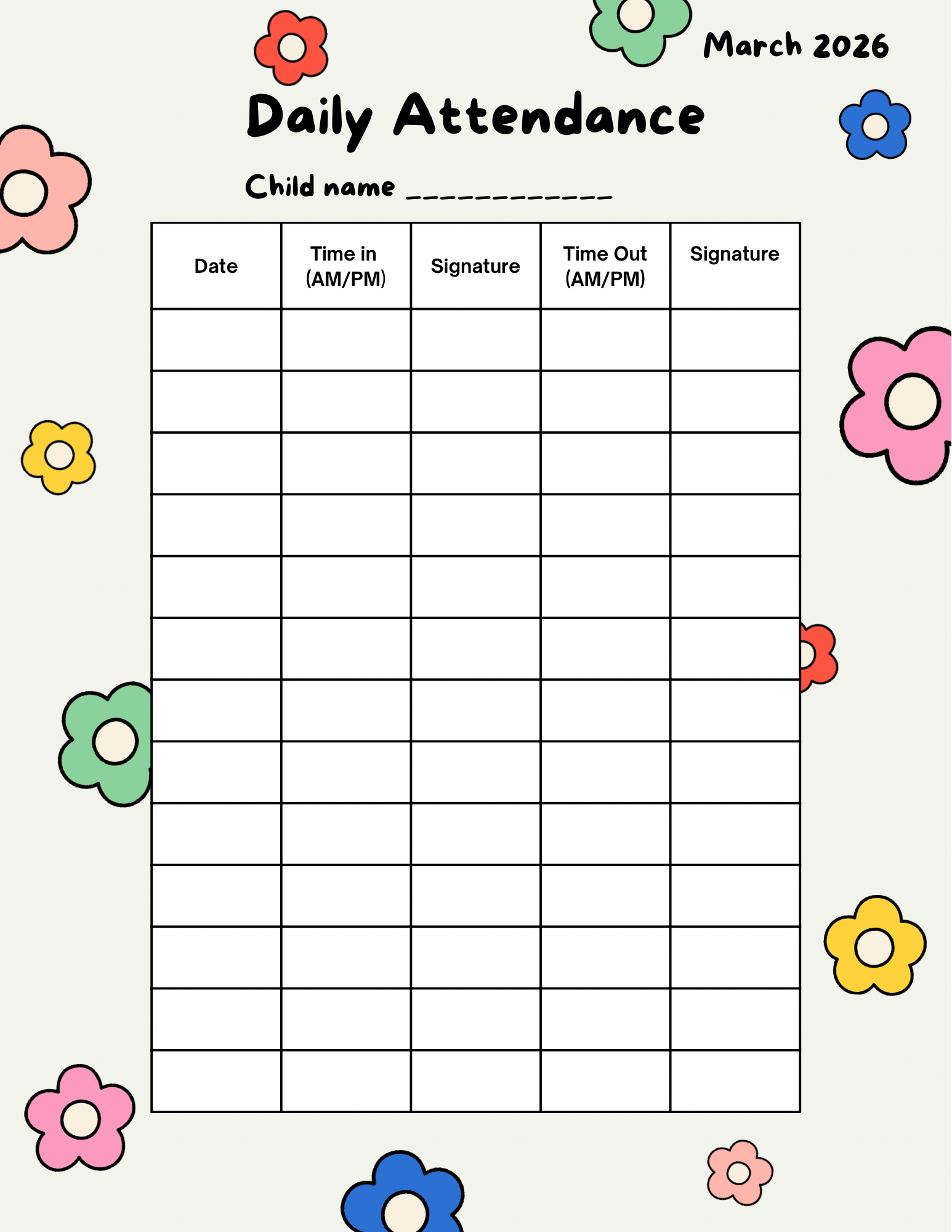 12-Month Daily Attendance Sheet - Printable Sign In/Out Tracker for Daycare